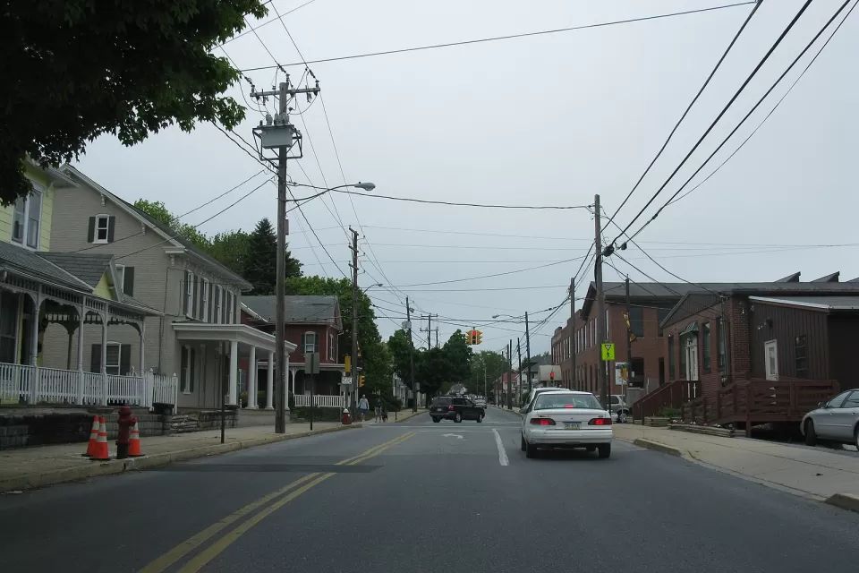 The view down Main Street in Akron, Ohio